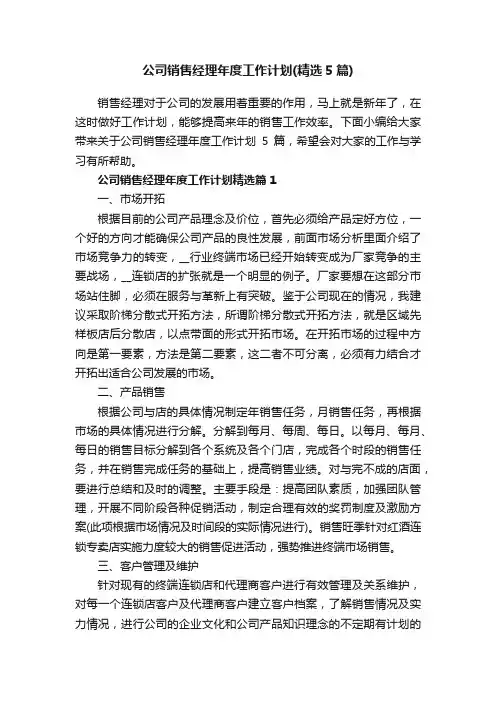 公司销售经理年度工作计划（精选5篇）