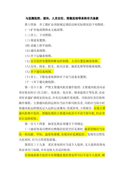 2016煤矿安全规程中与监测监控、通讯、人员定位、图像监视等系统有关条款