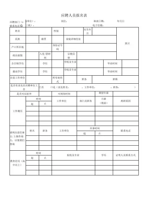 应聘人员报名表