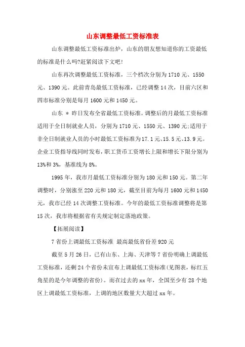 山东调整最低工资标准表