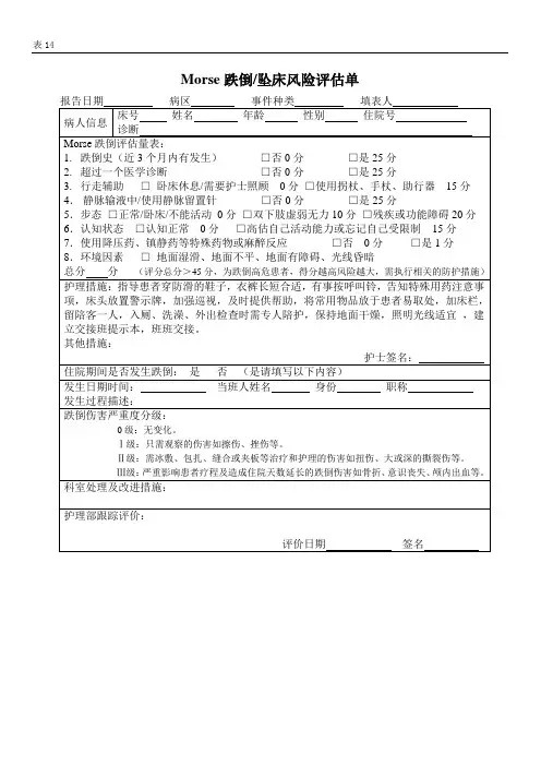 Morse跌倒坠床风险评估单