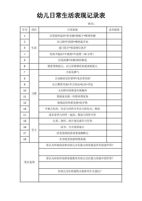 幼儿日常生活表现记录表