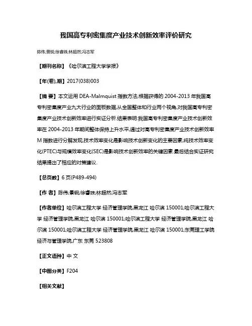 我国高专利密集度产业技术创新效率评价研究