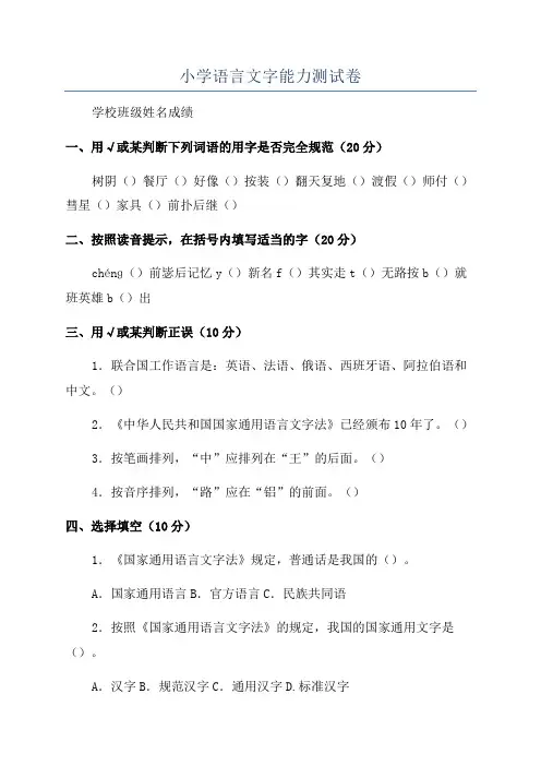 小学语言文字能力测试卷