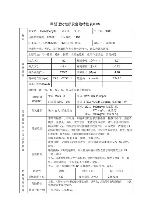 甲醛理化性质及危险特性表MSDS