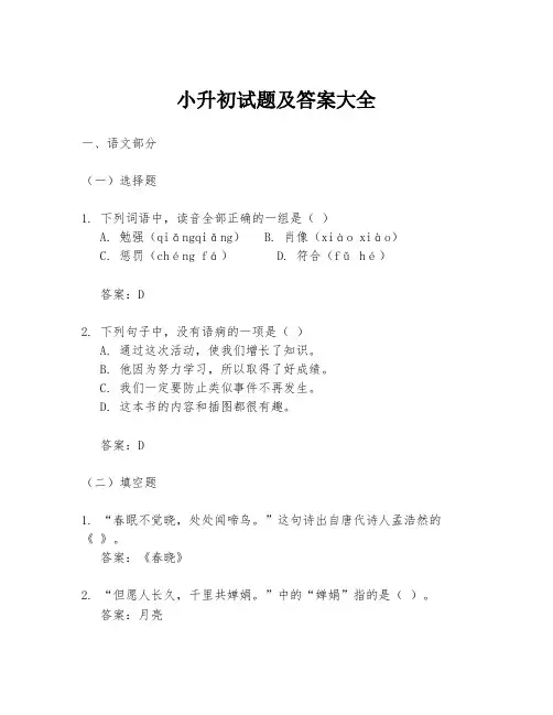 小升初试题及答案大全