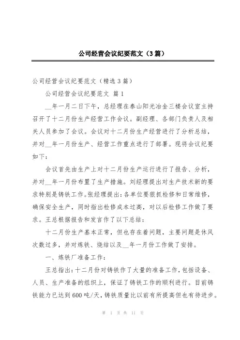 公司经营会议纪要范文(3篇)