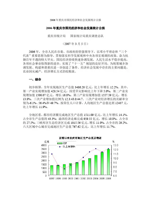 2006年重庆市国民经济和社会发展统计公报
