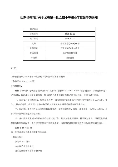 山东省教育厅关于公布第一批合格中等职业学校名单的通知-鲁教职字[2013]33号