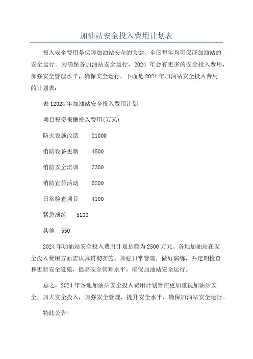 加油站安全投入费用计划表