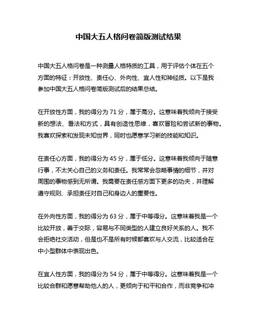 中国大五人格问卷简版测试结果