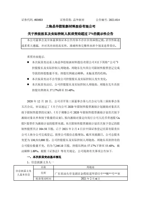 603683晶华新材关于控股股东及实际控制人权益变动超过1%的提示性公2021-02-06