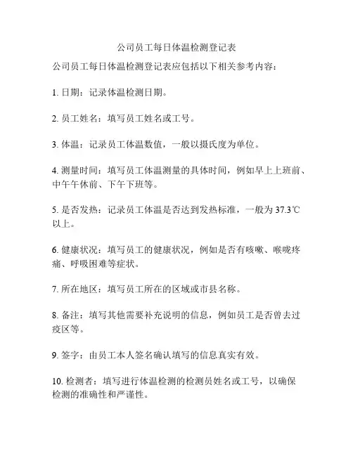 公司员工每日体温检测登记表