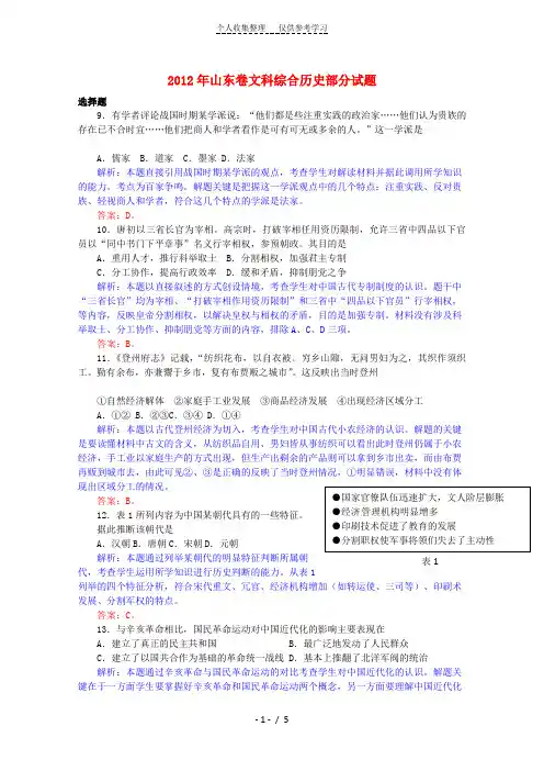 2012年普通高等学校招生全国统一考试文综历史部分试题(山东卷)解析版