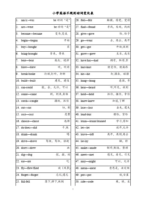 小学 英语 动词过去式不规则变化 表