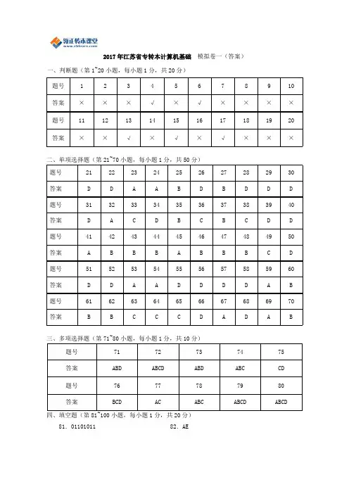 2017年江苏省专转本计算机基础模拟试卷一到八答案整理