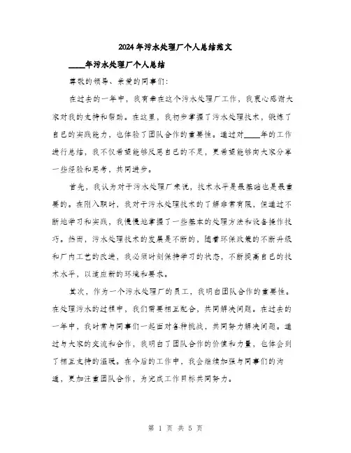 2024年污水处理厂个人总结范文(二篇)