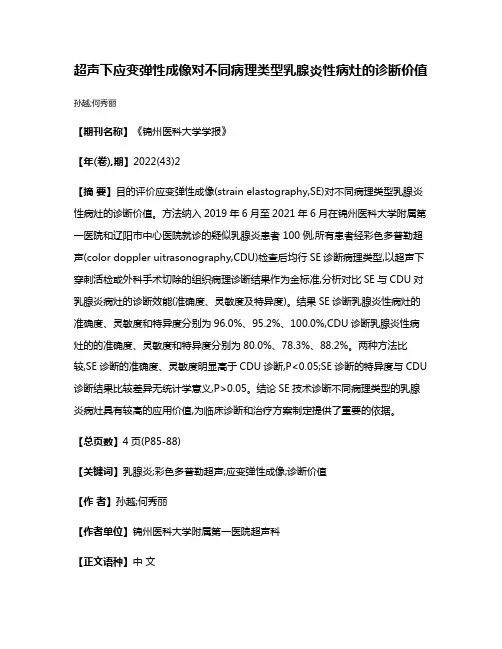 超声下应变弹性成像对不同病理类型乳腺炎性病灶的诊断价值