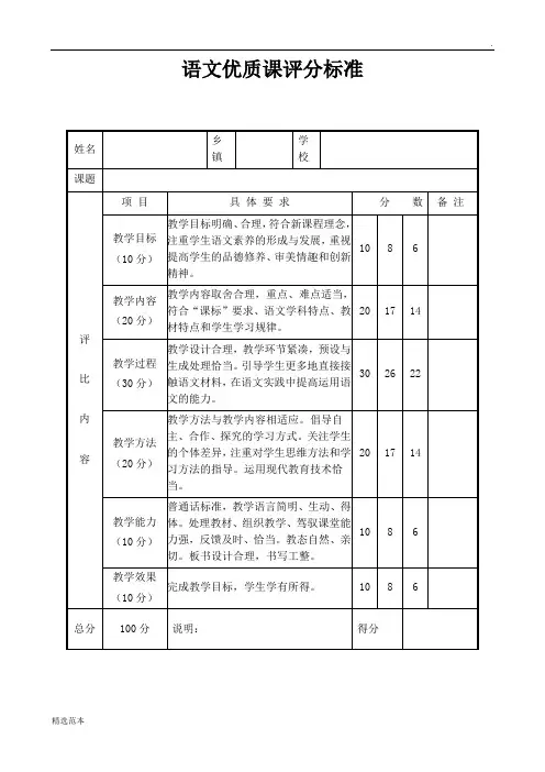 各科优质课评价标准