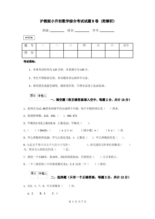 沪教版小升初数学综合考试试题B卷 (附解析)