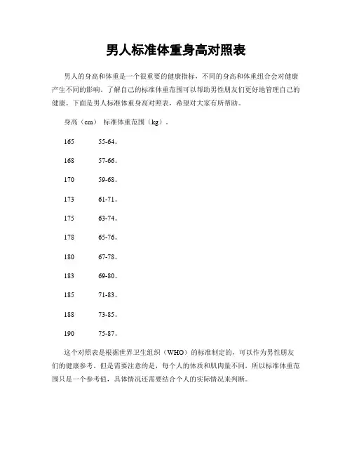 男人标准体重身高对照表