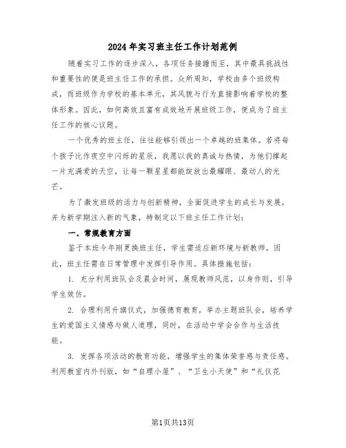 2024年实习班主任工作计划范例（五篇）