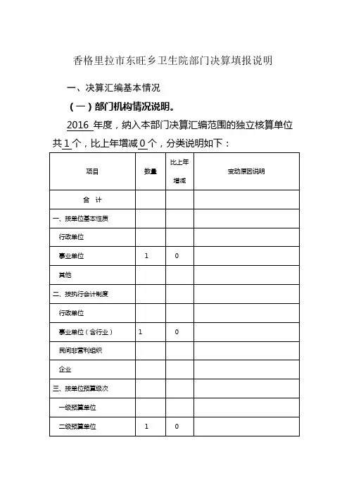香格里拉东旺乡卫生院部门决算填报说明