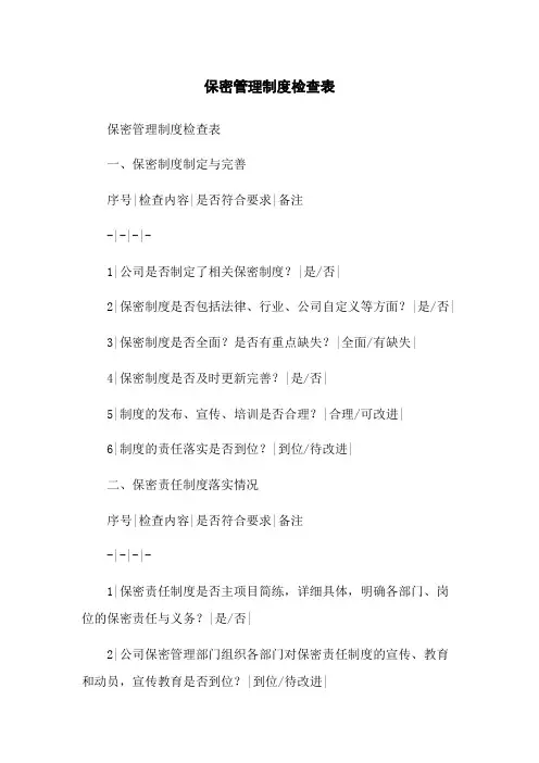 保密管理制度检查表