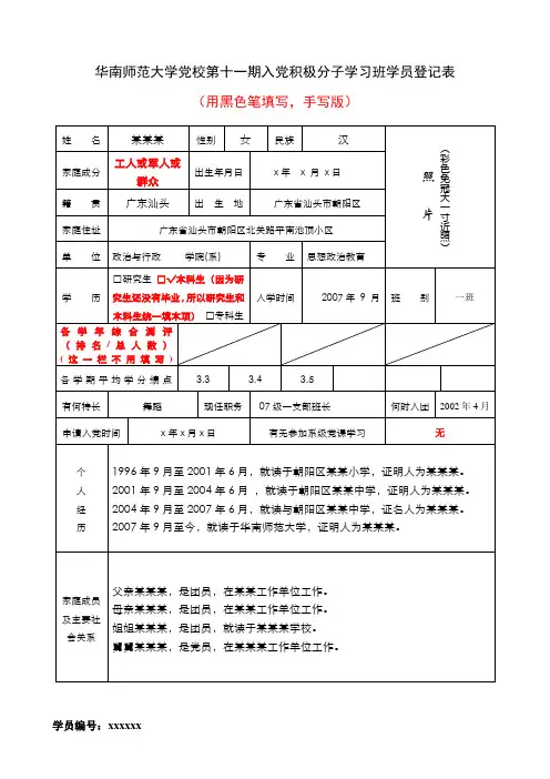 入党积极分子学习登记表(模板)