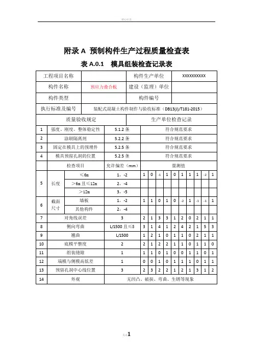 预制构件生产过程质量检查表