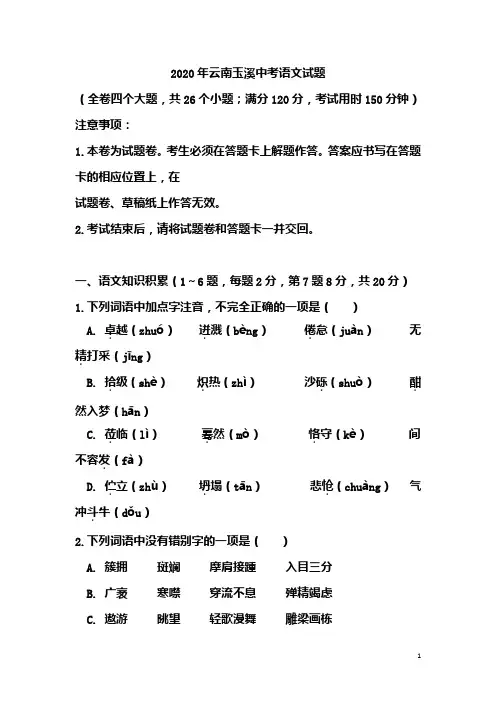 2020年云南省中考语文试题(含答案)