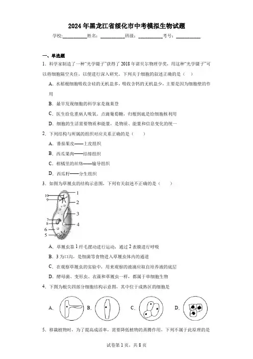 【中考压轴】2024年黑龙江省绥化市中考模拟生物试题(附答案)