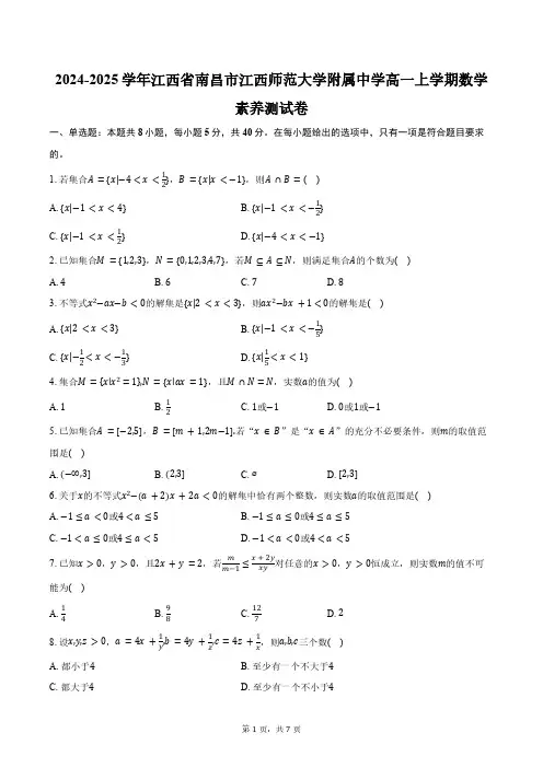 2024-2025学年江西省南昌市江西师范大学附属中学高一上学期数学素养测试卷(含答案)