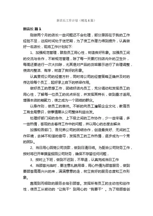 新店长工作计划（精选6篇）