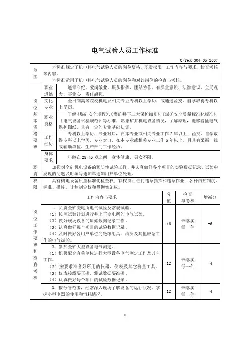 电气试验人员工作标准