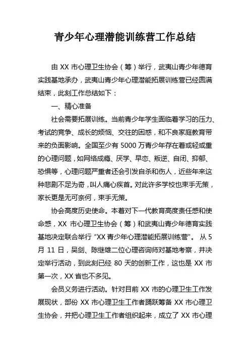 青少年心理潜能训练营工作总结