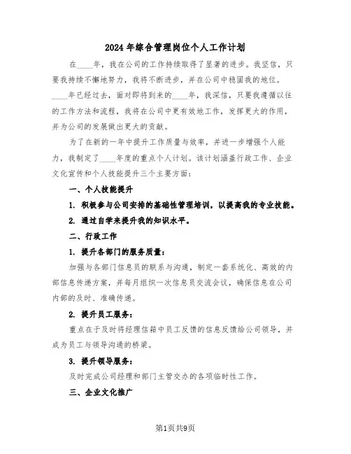 2024年综合管理岗位个人工作计划（五篇）