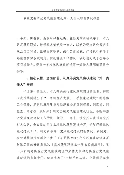 乡镇党委书记党风廉政建设第一责任人职责情况报告