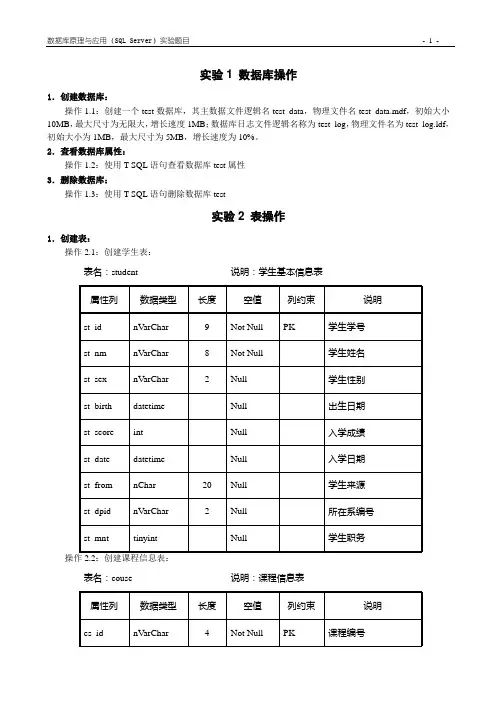 SQL_Server_SQL实验与练习题