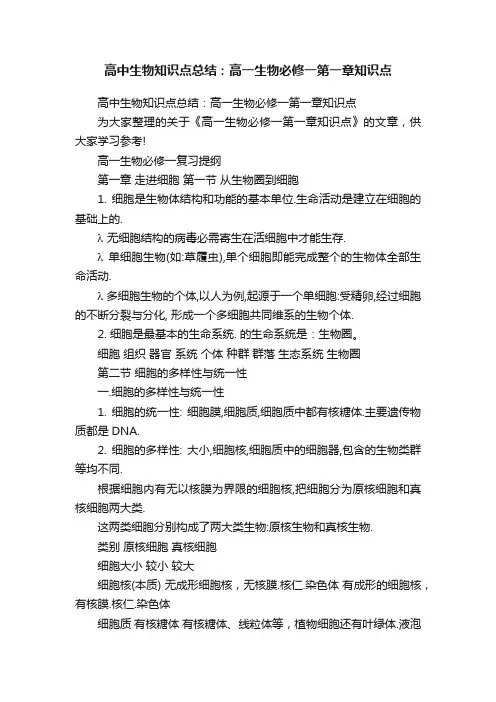 高中生物知识点总结：高一生物必修一第一章知识点