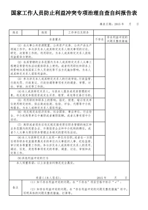工作人员防止利益冲突专项治理自查自纠报告表