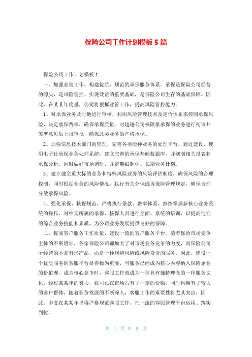保险公司工作计划模板5篇