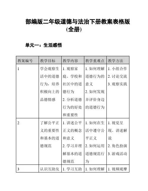 部编版二年级道德与法治下册教案表格版(全册)