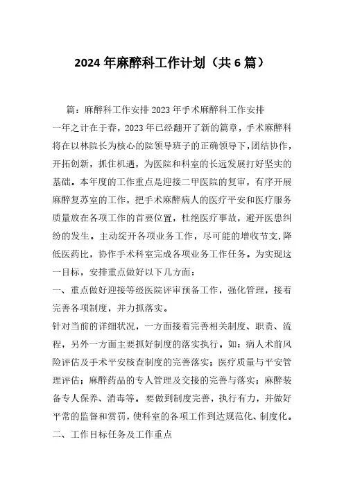 2024年麻醉科工作计划(共6篇)
