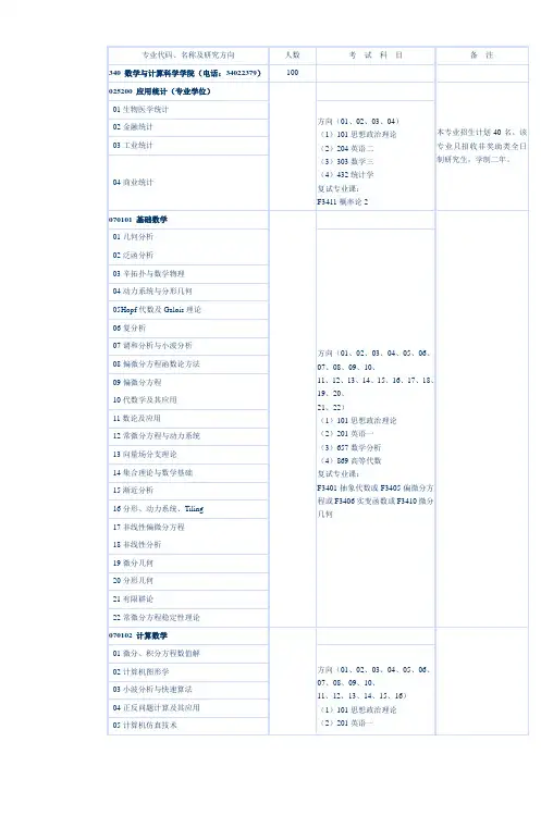 专业代码名称及研究方向中山大学数学与计算