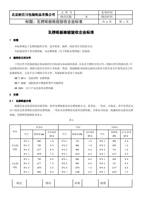 瓦楞纸板检验企业标准