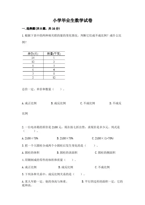 小学毕业生数学试卷带答案(能力提升)
