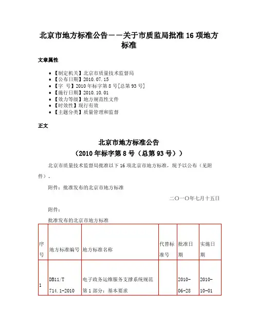 北京市地方标准公告－－关于市质监局批准16项地方标准