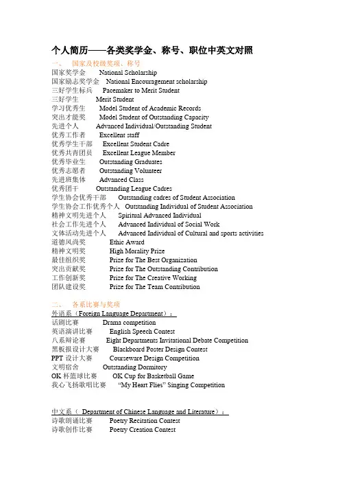 个人简历相关获奖词汇