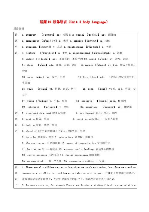 高考英语一轮复习话题19肢体语言(Unit4Bodylanguage)新人教版必修4